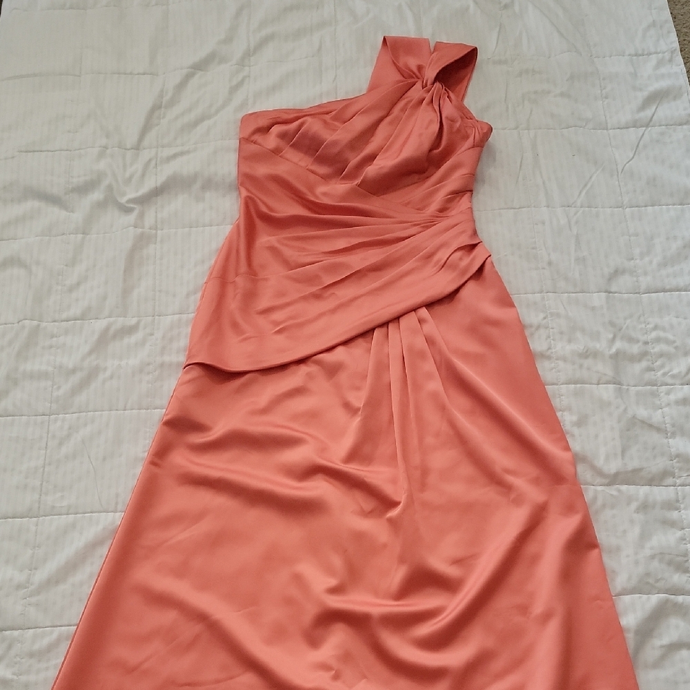David's Bridal Coral One-Shoulder Evening Gown
